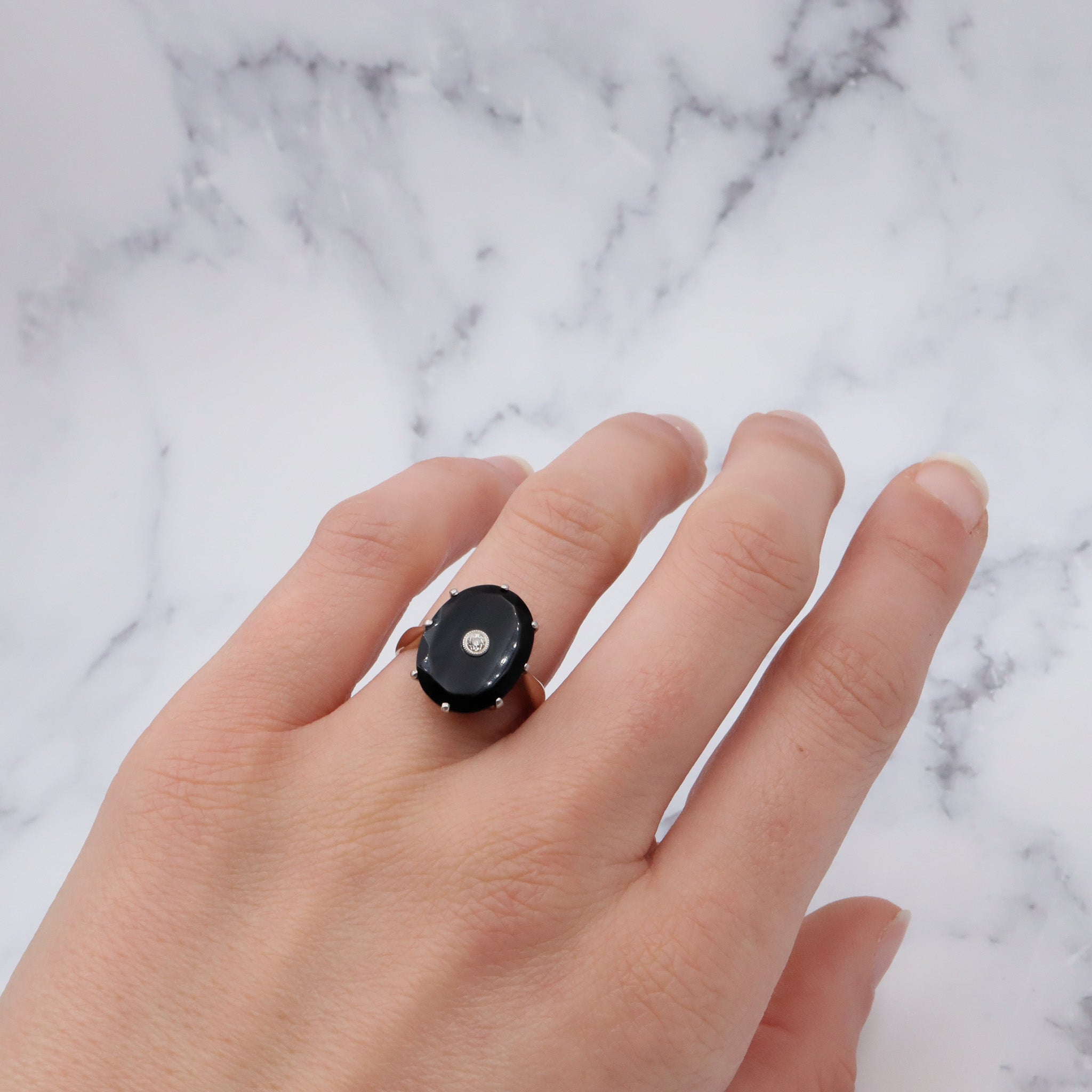 Antique Victorian 18k gold faceted onyx with old European cut diamond center with platinum tip ring, sz 6